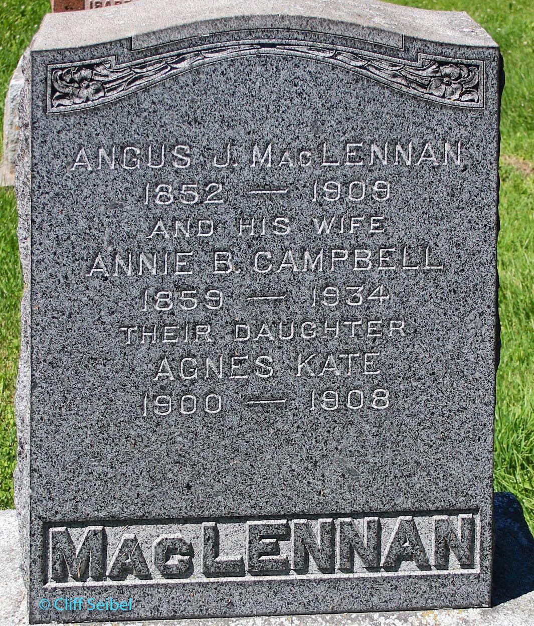 Photo of headstones/Angus J McLennan d1909 hdstn Kenyon Pres Church Cem, Dunvegan, Ont